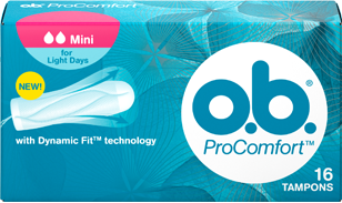 תמונה של אריזת ™o.b.® ProComfort מיני. לטמפון יש 2 טיפות והוא מומלץ לזרימה קלה ולבנות אשר מתחילות את השימוש בטמפונים. 