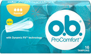 תמונה של אריזת o.b.® ProComfort™ נורמל. לטמפון יש 3 טיפות והוא מומלץ לזרימה קלה עד בינונית.. 