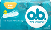 תמונה של אריזת o.b.® ProComfort™ נורמל. לטמפון יש 3 טיפות והוא מומלץ לזרימה קלה עד בינונית.. 