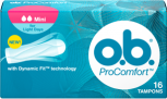 תמונה של אריזת ™o.b.® ProComfort מיני. לטמפון יש 2 טיפות והוא מומלץ לזרימה קלה ולבנות אשר מתחילות את השימוש בטמפונים. 